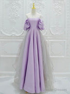 A-Line Off Shoulder Statin Tulle Pink Long Prom Dress, Pink Long Formal Dress