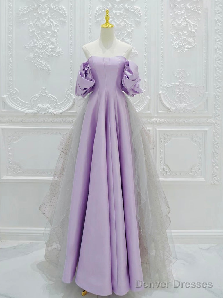 A-Line Off Shoulder Statin Tulle Pink Long Prom Dress, Pink Long Formal Dress