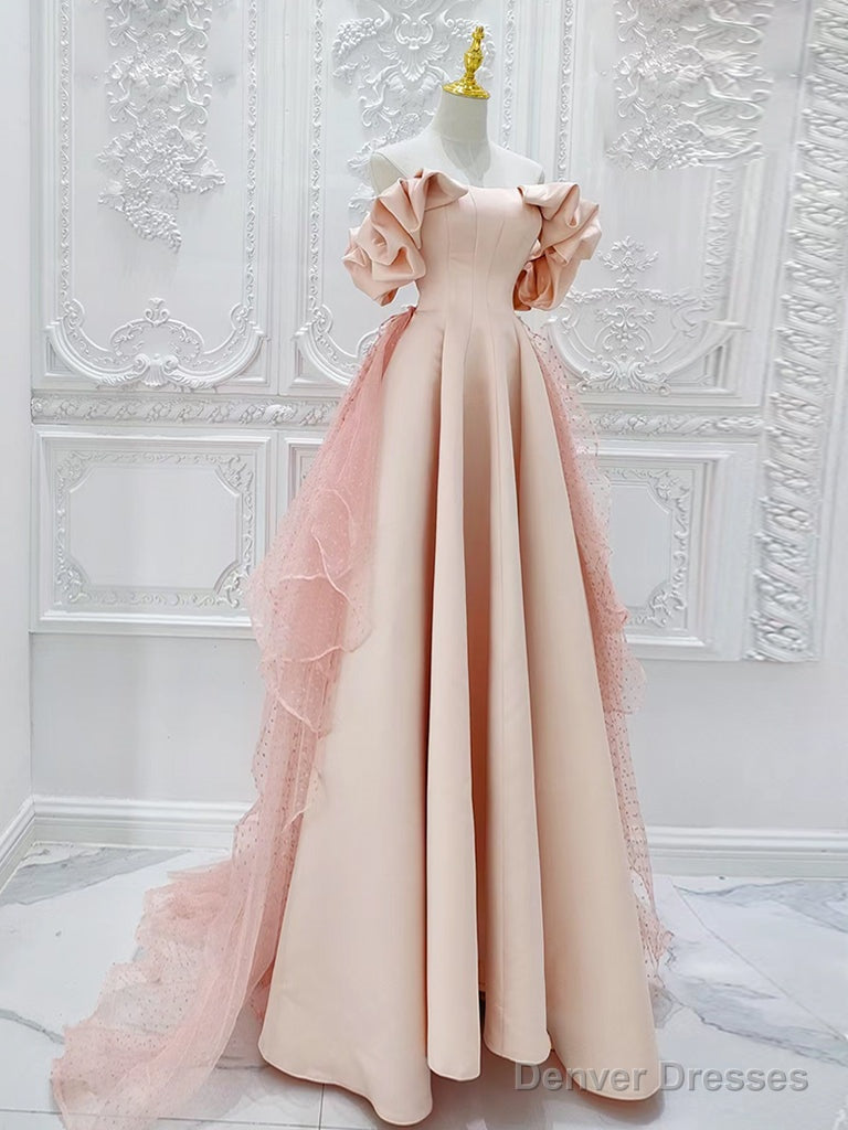 A-Line Off Shoulder Statin Tulle Pink Long Prom Dress, Pink Long Formal Dress Main image