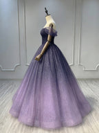 A-Line Off Shoulder Sweetheart Shiny Tulle Purple Ball Gown Prom Dress
