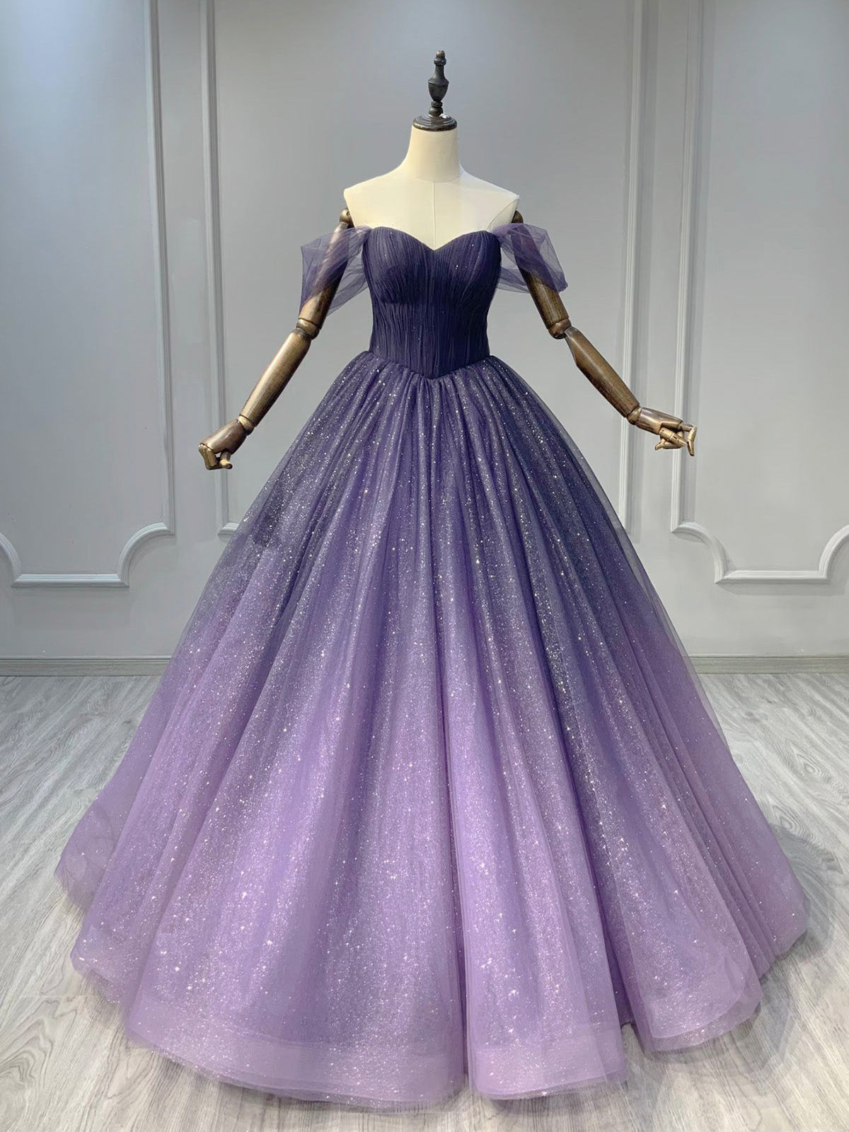 A-Line Off Shoulder Sweetheart Shiny Tulle Purple Ball Gown Prom Dress Main image