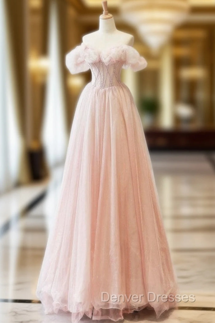 A-Line Off Shoulder Tulle Beads Pink Long Prom Dress, Pink Tulle Long Formal Dress