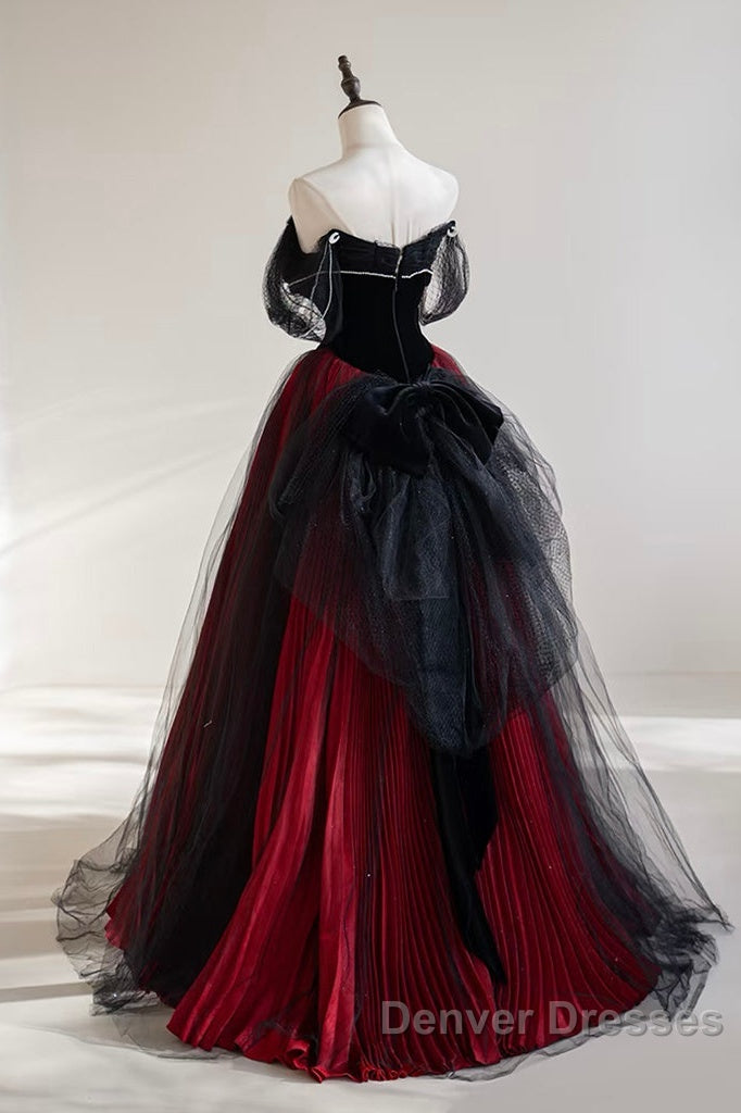 A-Line Off Shoulder Tulle Black/Burgundy Long Prom Dress Secondary image