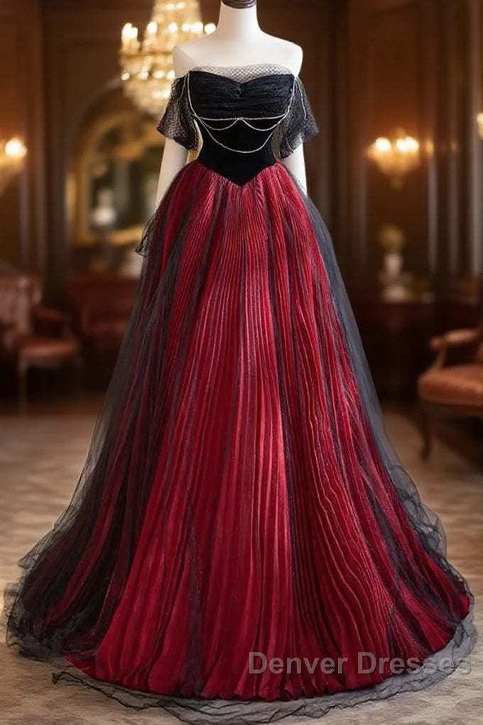 A-Line Off Shoulder Tulle Black/Burgundy Long Prom Dress Main image