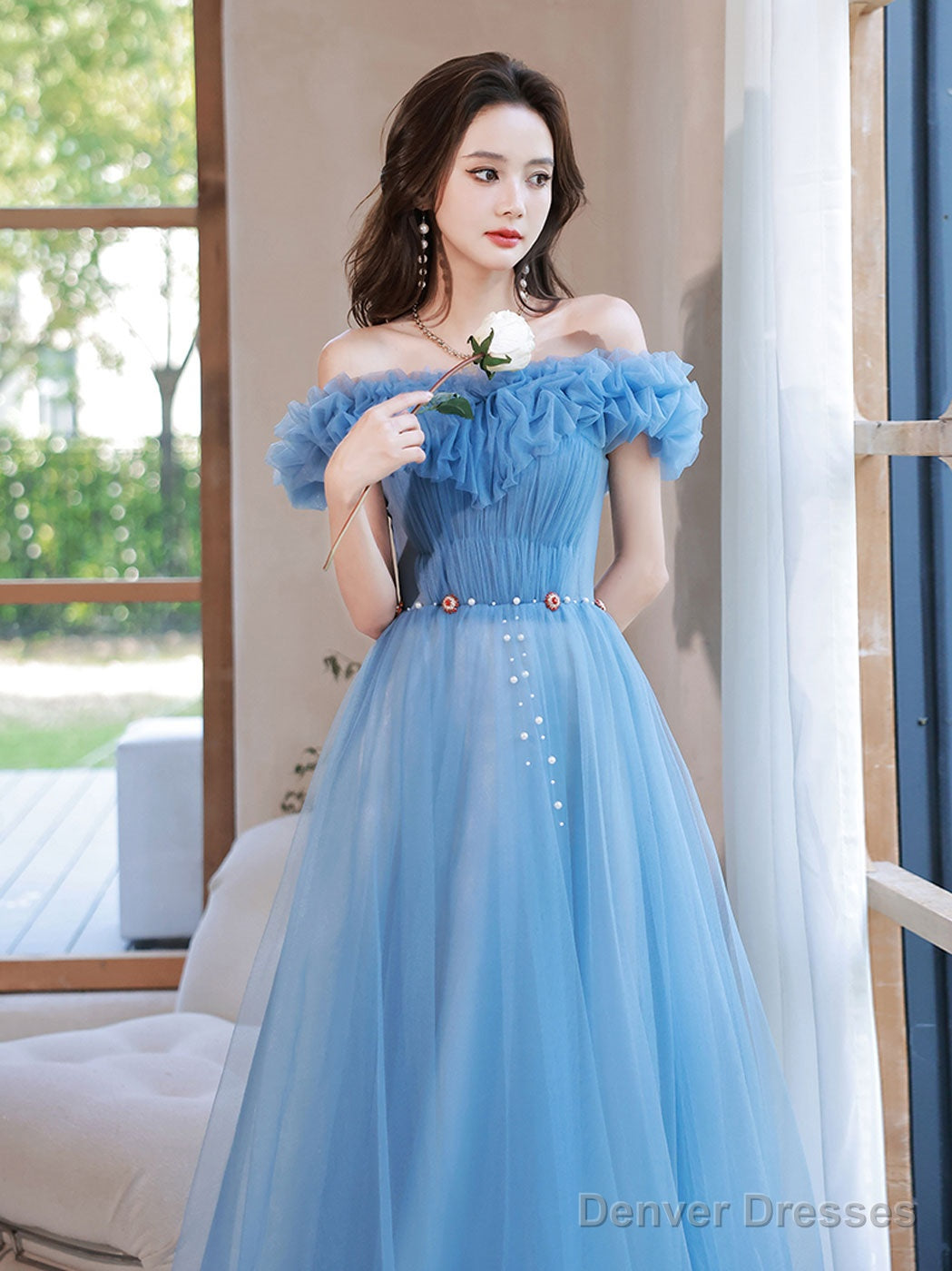 A-Line Off Shoulder Tulle Blue Long Prom Dress, Blue Formal Dresses Secondary image