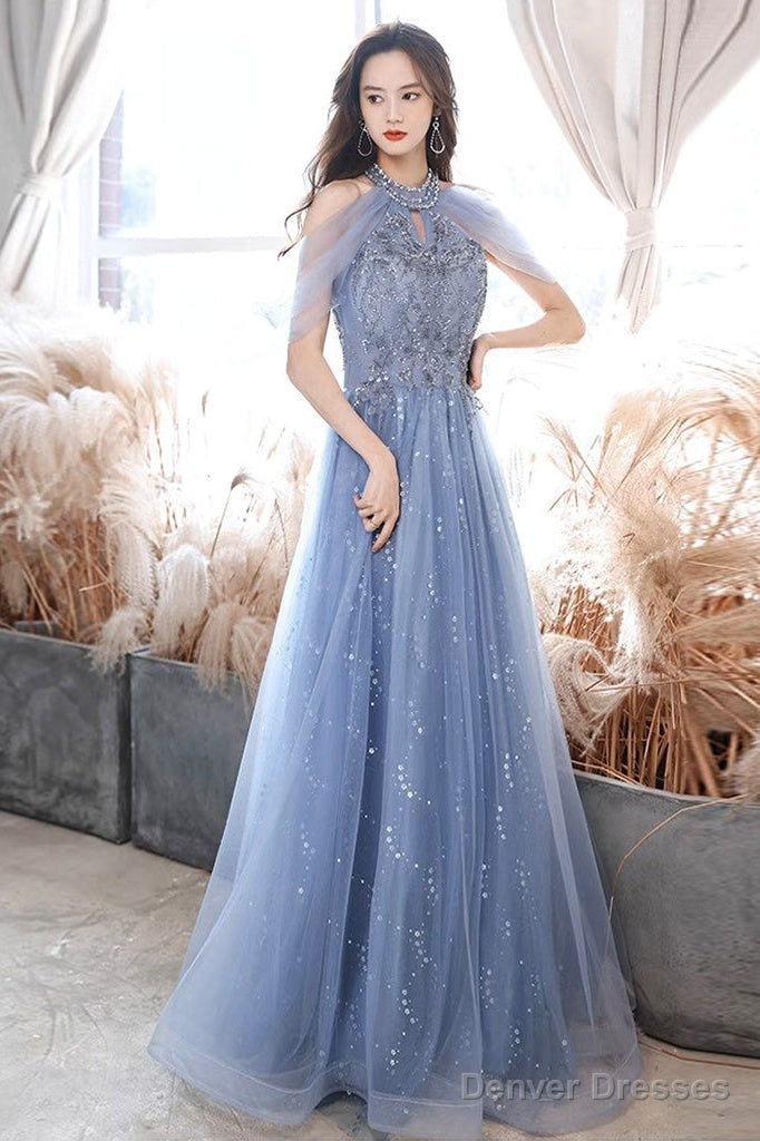 A-Line Off Shoulder Tulle Blue Long Prom Dress, Blue Lace Long Formal Dress