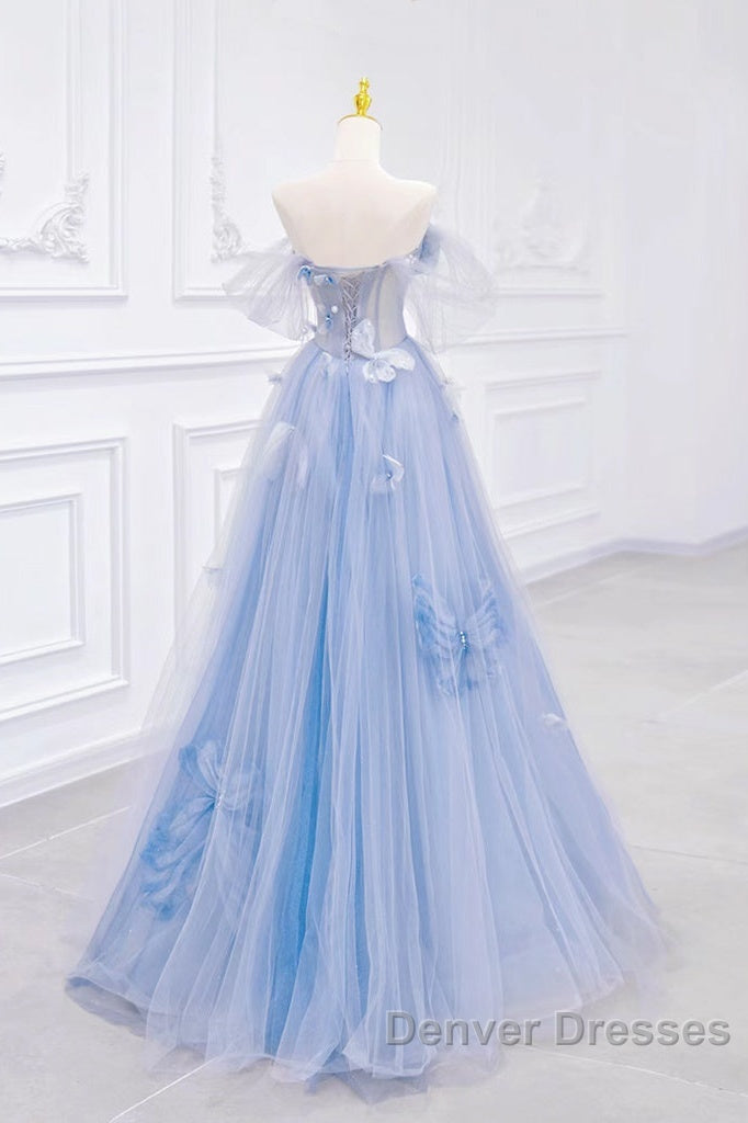 A-Line Off Shoulder Tulle Blue Long Prom Dress, Blue Long Formal Dress