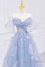 A-Line Off Shoulder Tulle Blue Long Prom Dress, Blue Long Formal Dress