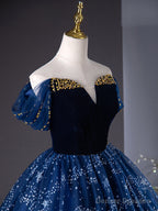 A-Line Off Shoulder Tulle Blue Long Prom Dress, Blue Long Formal Dress With Beads