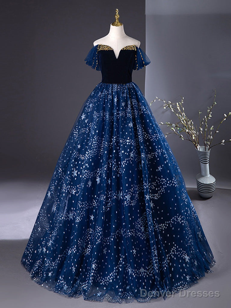 A-Line Off Shoulder Tulle Blue Long Prom Dress, Blue Long Formal Dress With Beads Main image