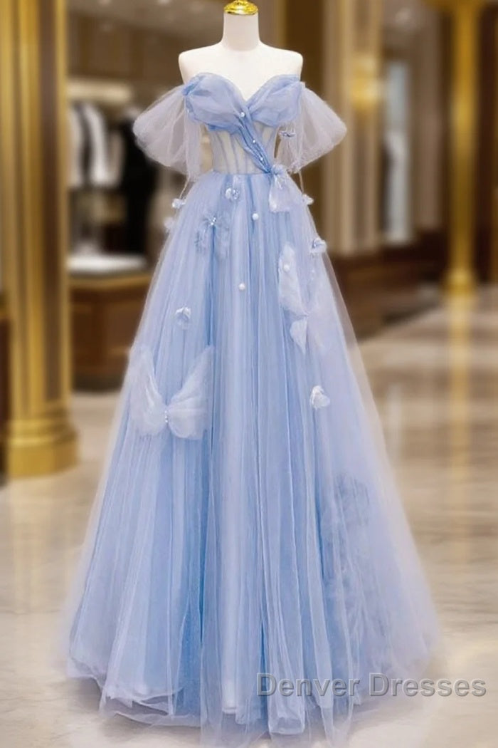 A-Line Off Shoulder Tulle Blue Long Prom Dress, Blue Long Formal Dress Main image