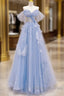 A-Line Off Shoulder Tulle Blue Long Prom Dress, Blue Long Formal Dress