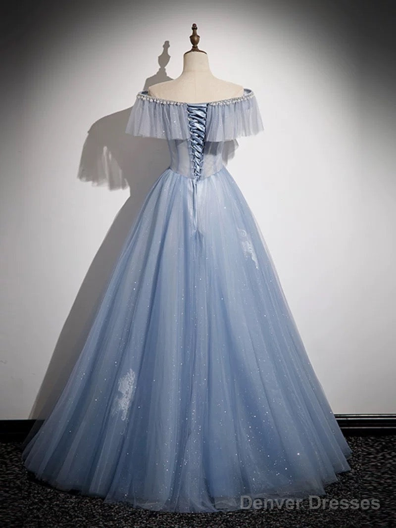 A-Line Off Shoulder Tulle Blue Long Prom Dress Long Formal Dress Floor Length Beautiful Secondary image