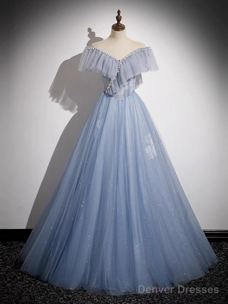 A-Line Off Shoulder Tulle Blue Long Prom Dress Long Formal Dress Floor Length Beautiful Main image