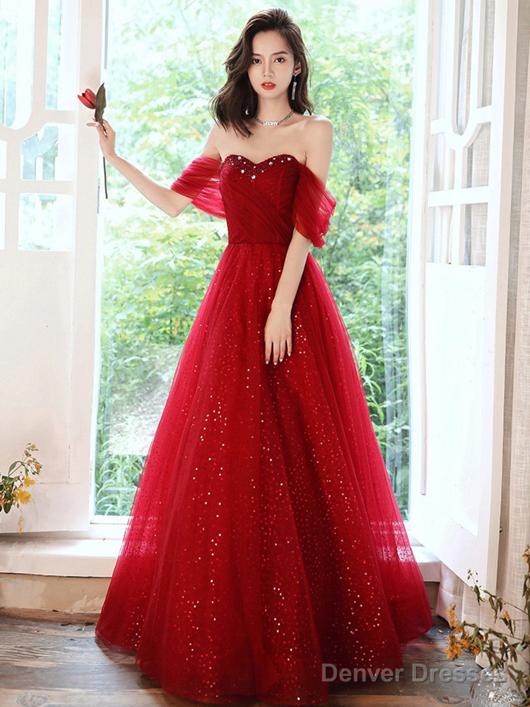 A-Line Off Shoulder Tulle Burgundy Long Prom Dress, Burgundy Long Evening Dress Main image