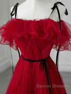 A-Line Off Shoulder Tulle Burgundy Long Prom Dress, Burgundy Long Formal Dress
