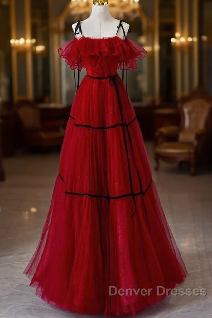 A-Line Off Shoulder Tulle Burgundy Long Prom Dress, Burgundy Long Formal Dress Main image