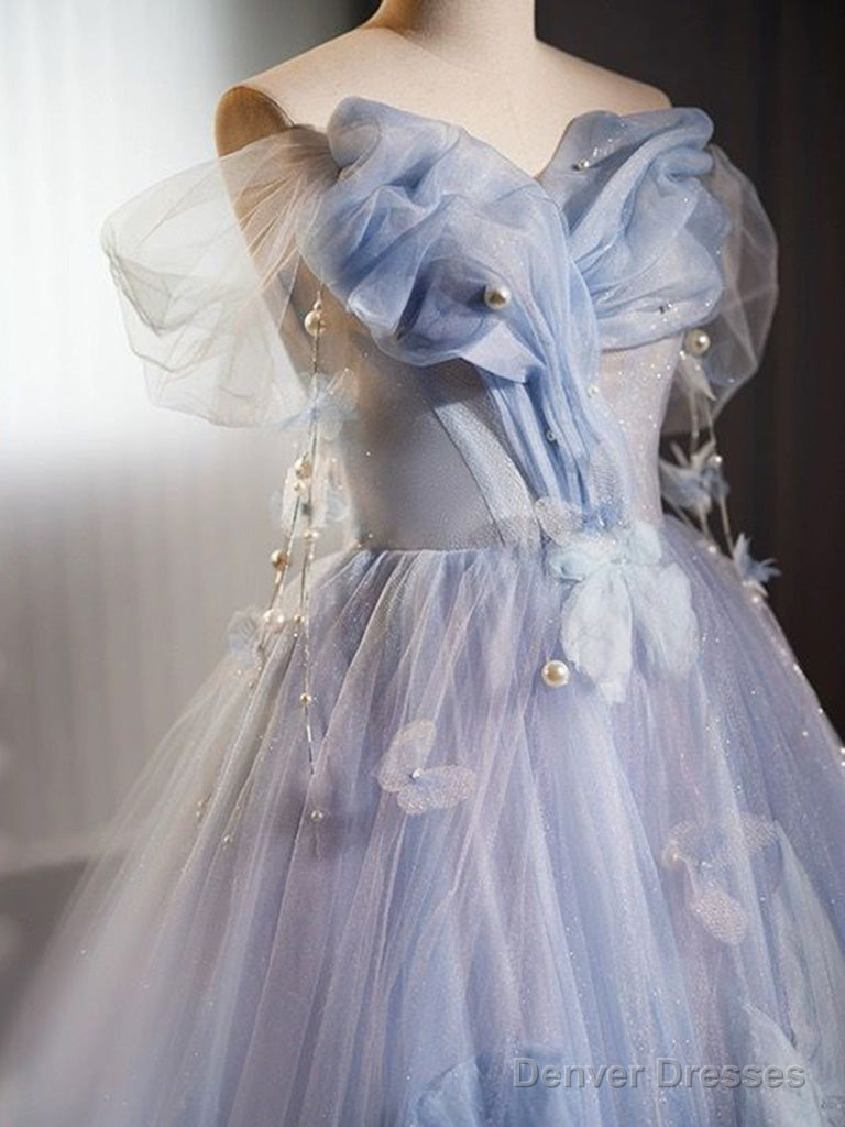 A-Line Off Shoulder Tulle Flower Blue Long Prom Dress, Blue Long Formal Dress