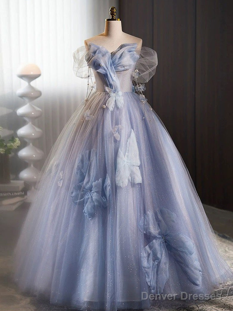 A-Line Off Shoulder Tulle Flower Blue Long Prom Dress, Blue Long Formal Dress Main image