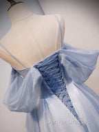 A-Line Off Shoulder Tulle Gray Blue Long Prom Dress, Gray Blue Long Formal Dress