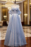 A-Line Off Shoulder Tulle Gray Blue Long Prom Dress, Gray Blue Long Formal Dress