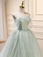 A-Line Off Shoulder Tulle Green Long Prom Dress, Green Formal Dress with Beading