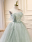 A-Line Off Shoulder Tulle Green Long Prom Dress, Green Formal Dress with Beading