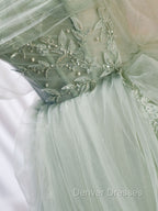 A-Line Off Shoulder Tulle Green Long Prom Dress, Green Formal Dress with Beading