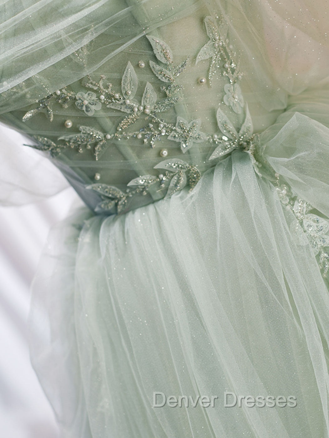 A-Line Off Shoulder Tulle Green Long Prom Dress, Green Formal Dress with Beading
