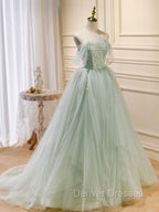 A-Line Off Shoulder Tulle Green Long Prom Dress, Green Formal Dress with Beading