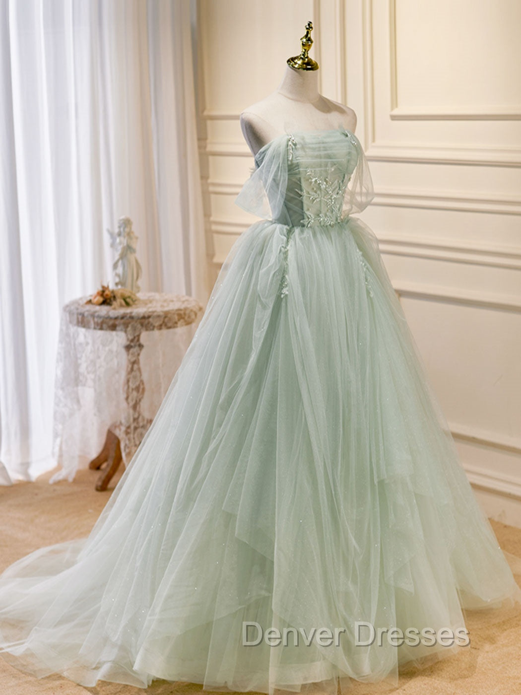 A-Line Off Shoulder Tulle Green Long Prom Dress, Green Formal Dress with Beading