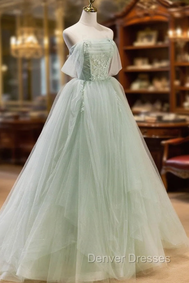 A-Line Off Shoulder Tulle Green Long Prom Dress, Green Formal Dress with Beading