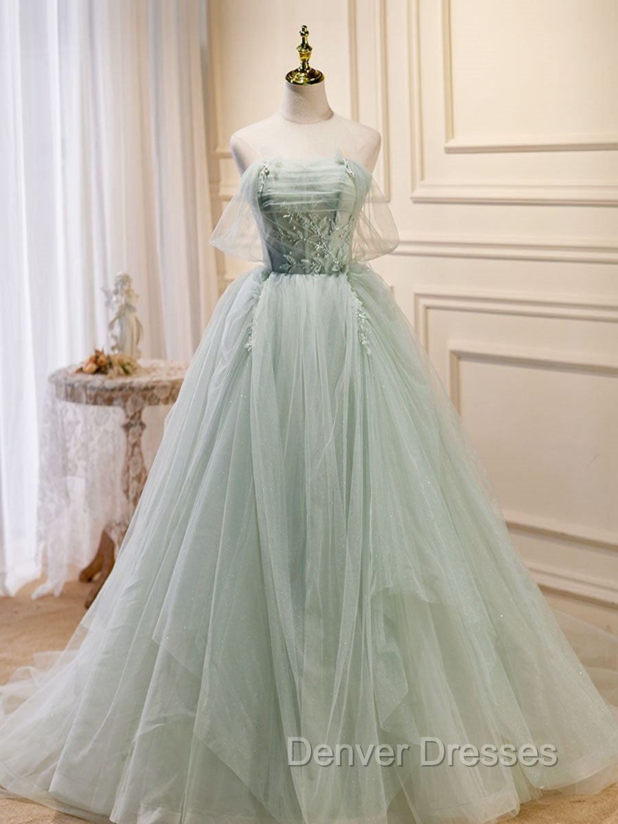 A-Line Off Shoulder Tulle Green Long Prom Dress, Green Formal Dress with Beading Main image