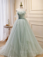 A-Line Off Shoulder Tulle Green Long Prom Dress, Green Formal Dress with Beading