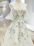 A-Line Off Shoulder Tulle Lace Applique White Long Prom Dress, White Long Formal Dress