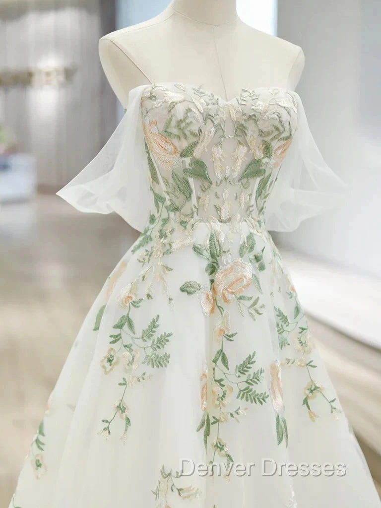 A-Line Off Shoulder Tulle Lace Applique White Long Prom Dress, White Long Formal Dress