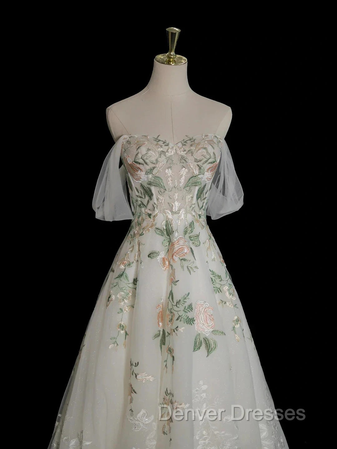 A-Line Off Shoulder Tulle Lace Applique White Long Prom Dress, White Long Formal Dress