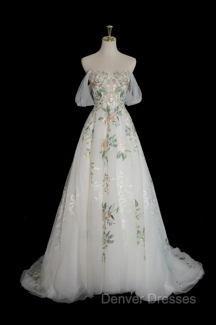 A-Line Off Shoulder Tulle Lace Applique White Long Prom Dress, White Long Formal Dress