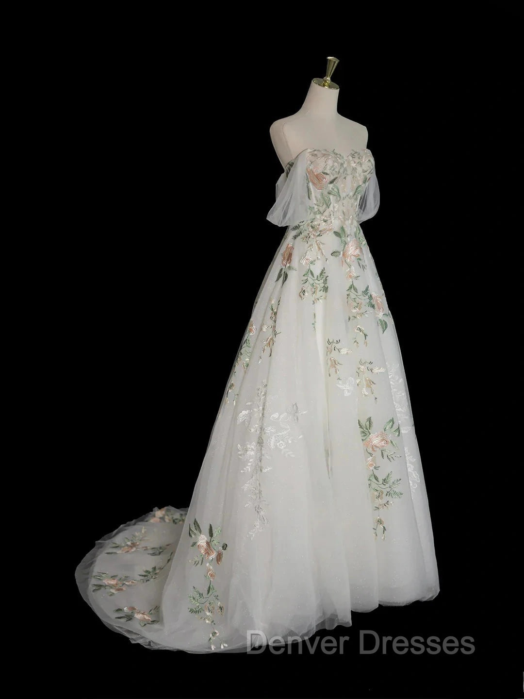 A-Line Off Shoulder Tulle Lace Applique White Long Prom Dress, White Long Formal Dress