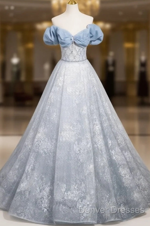 A-Line Off Shoulder Tulle Lace Beads Blue Long Prom Dress, Blue Long Formal Dress Main image