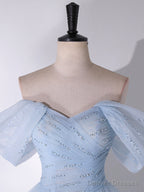 A-Line Off Shoulder Tulle Lace Blue Long Prom Dress, Blue Long Formal Dress