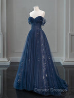 A-Line Off Shoulder Tulle Lace Dark Blue Long Prom Dress