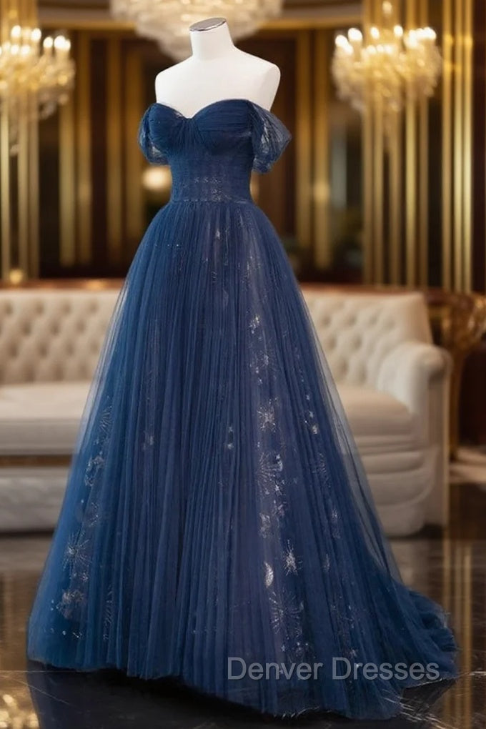 A-Line Off Shoulder Tulle Lace Dark Blue Long Prom Dress