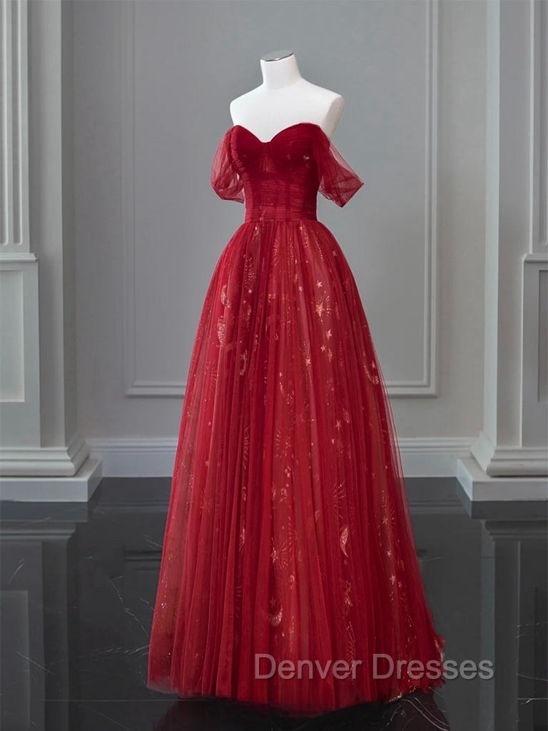 A-Line Off Shoulder Tulle Lace Dark Red Long Prom Dress Secondary image