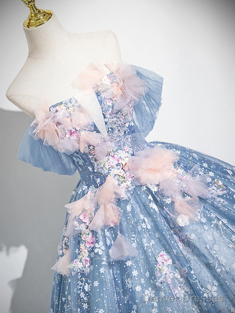 A-Line Off Shoulder Tulle Lace Gray Blue Long Prom Dress, Gray Blue Formal Dress