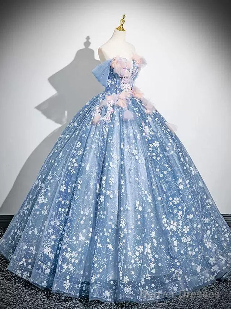 A-Line Off Shoulder Tulle Lace Gray Blue Long Prom Dress, Gray Blue Formal Dress