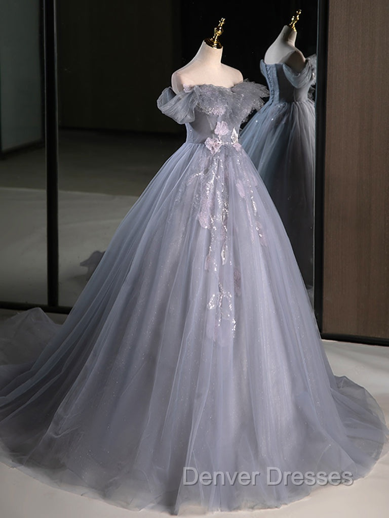 A-Line Off Shoulder Tulle Lace Gray Blue Long Prom Dress, Gray Blue Long Formal Dress Secondary image