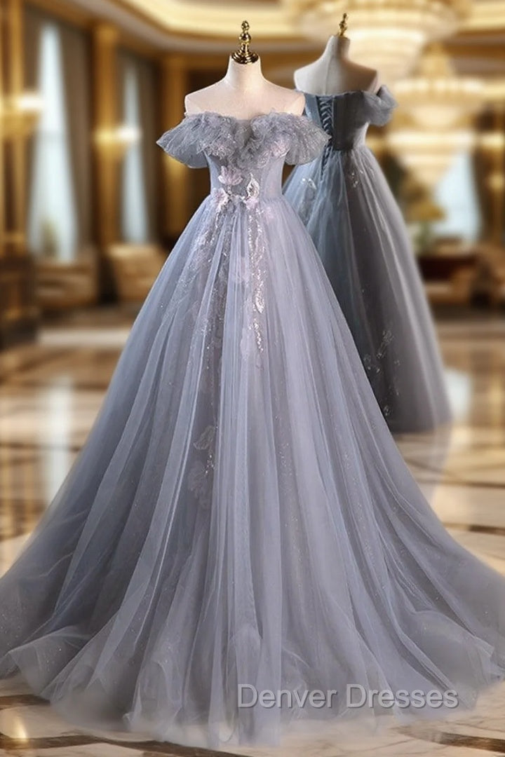 A-Line Off Shoulder Tulle Lace Gray Blue Long Prom Dress, Gray Blue Long Formal Dress Main image