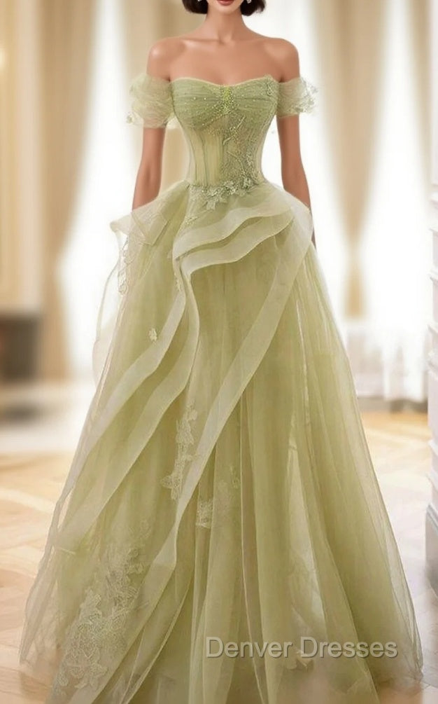 A-Line Off Shoulder Tulle Lace Green Long Prom Dress, Green Long Graduation Dress Main image