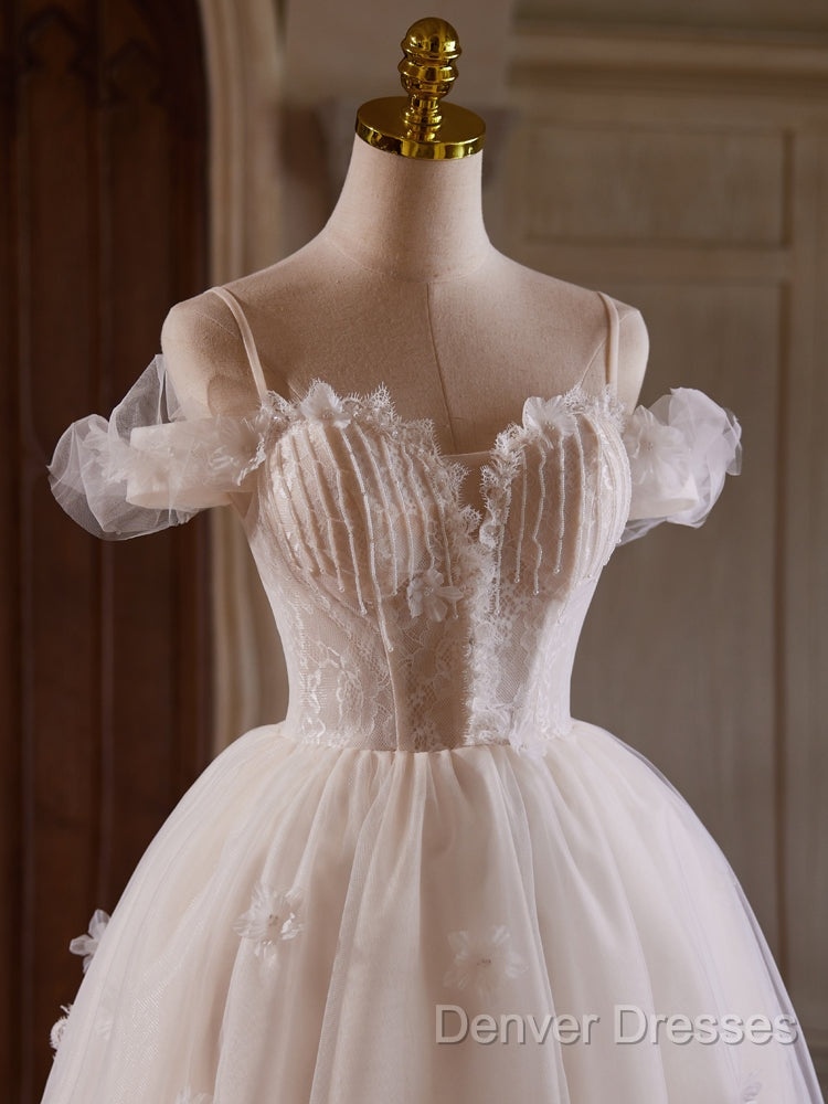 A-Line Off Shoulder Tulle Lace Light Champagne Short Prom Dress Secondary image
